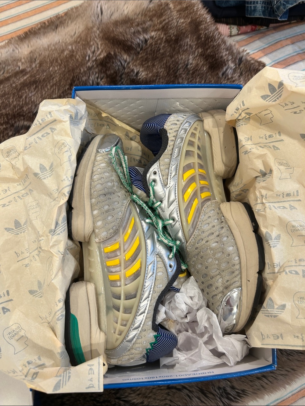 adidas and braindead Silver Sneakers with Yellow Stripes